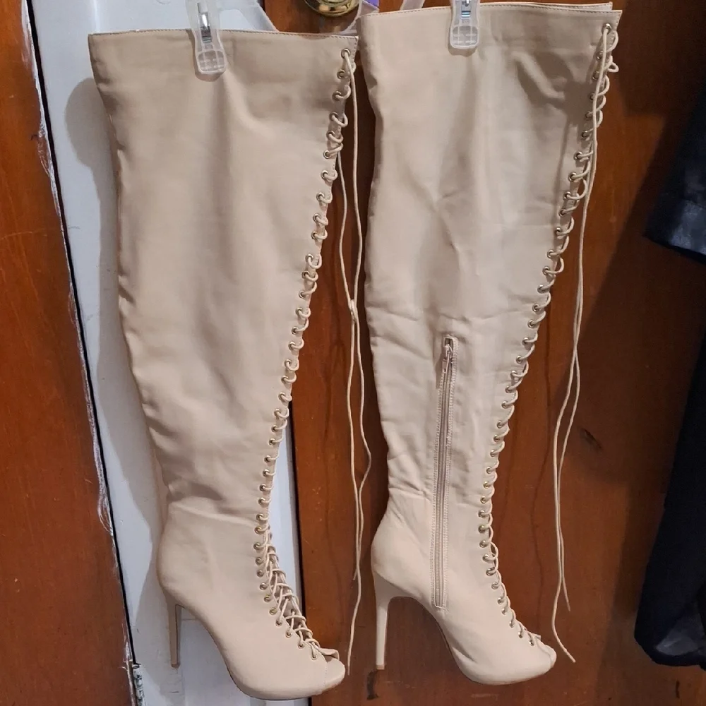 Glaze Beige Lace-Up Over the Knee Boots - Picture 6 of 6